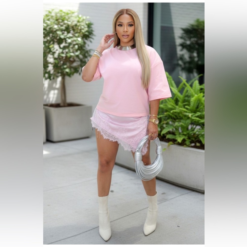 Blush Pink Lace Trim Tshirt Mini Dress